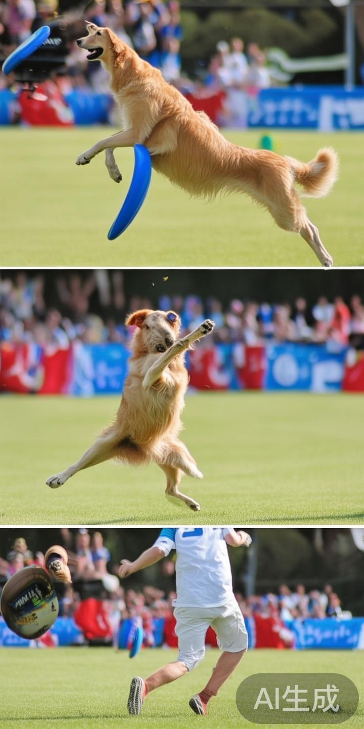 在另一场飞盘比赛中，一只金毛猎犬在空中高飞接盘，紧
